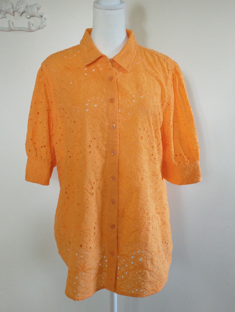 Chico's Orange Pineapple Print Eyelet Button-Up Shirt 2